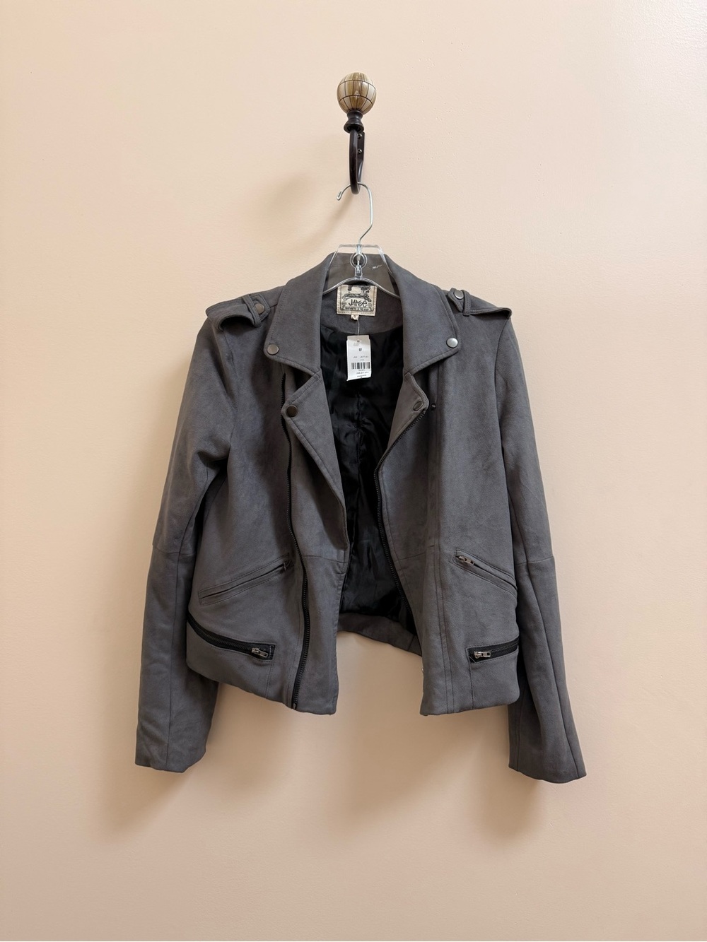 Jaase Dark Gray Faux Suede Moto Utility Jacket